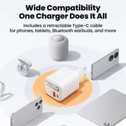 65W Fast Charger With Retractable USB C Cable 2 Ports USB Type C Charger PD Quick Charge 3.0 Phone Chargers For iphone Android