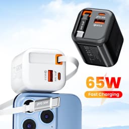 65W Fast Charger With Retractable USB C Cable 2 Ports USB Type C Charger PD Quick Charge 3.0 Phone Chargers For iphone Android