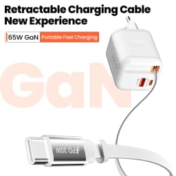 65W Fast Charger With Retractable USB C Cable 2 Ports USB Type C Charger PD Quick Charge 3.0 Phone Chargers For iphone Android