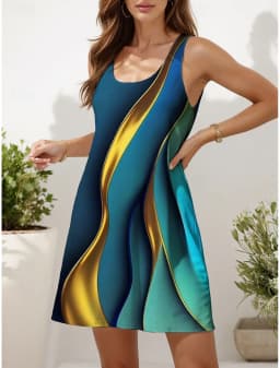 Minimally Designed U-Neck Women's Dress Loose Daily Casual Sleeveless Long Dress 3D Printed Pattern Dress
