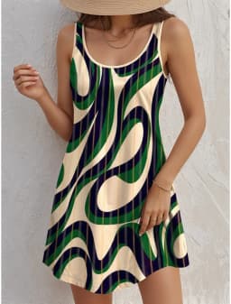 Minimally Designed U-Neck Women's Dress Loose Daily Casual Sleeveless Long Dress 3D Printed Pattern Dress