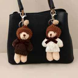 Fashion Wool Crochet Hat Bear Pendant Keychain Cute Bow Tie White Chocolate Brown Sweater Bear Doll Key Chain Car Key Bag Decora