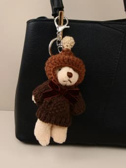 Fashion Wool Crochet Hat Bear Pendant Keychain Cute Bow Tie White Chocolate Brown Sweater Bear Doll Key Chain Car Key Bag Decora