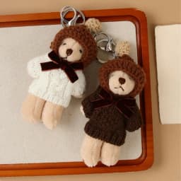 Fashion Wool Crochet Hat Bear Pendant Keychain Cute Bow Tie White Chocolate Brown Sweater Bear Doll Key Chain Car Key Bag Decora