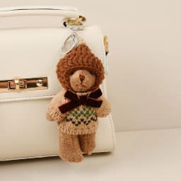 Fashion Wool Crochet Hat Bear Pendant Keychain Cute Bow Tie White Chocolate Brown Sweater Bear Doll Key Chain Car Key Bag Decora
