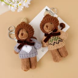 Fashion Wool Crochet Hat Bear Pendant Keychain Cute Bow Tie White Chocolate Brown Sweater Bear Doll Key Chain Car Key Bag Decora