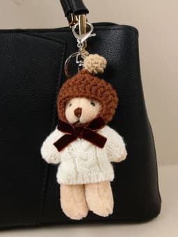 Fashion Wool Crochet Hat Bear Pendant Keychain Cute Bow Tie White Chocolate Brown Sweater Bear Doll Key Chain Car Key Bag Decora