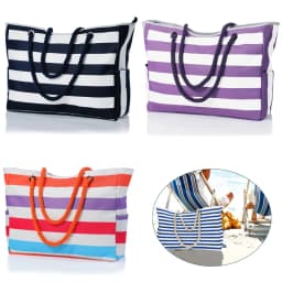 Waterproof Striped Zipper Outer Bag for Outdoor Travel Vacation Sand Resistant Canvas Convenient Folding Beach Bag 
