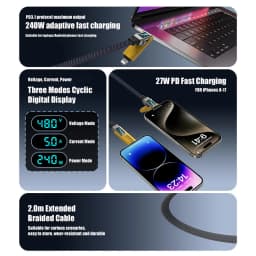 4-in-1 240W USB C Cable with Digital Display 3A Multi Charge Cable USB A to Type C/Lightning Port For iPhone 17 16 ipad Samsung