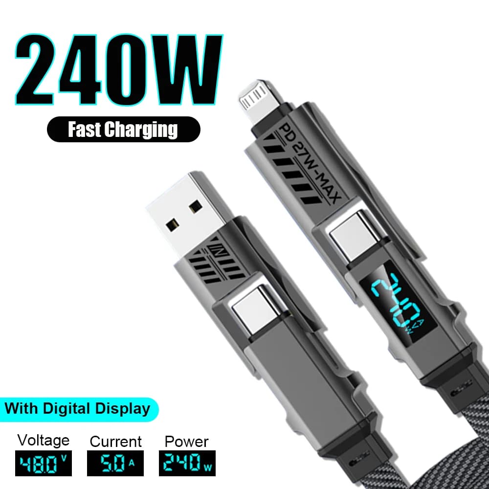 4-in-1 240W USB C Cable with Digital Display 3A Multi Charge Cable USB A to Type C/Lightning Port For iPhone 17 16 ipad Samsung