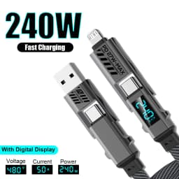 4-in-1 240W USB C Cable with Digital Display 3A Multi Charge Cable USB A to Type C/Lightning Port For iPhone 17 16 ipad Samsung