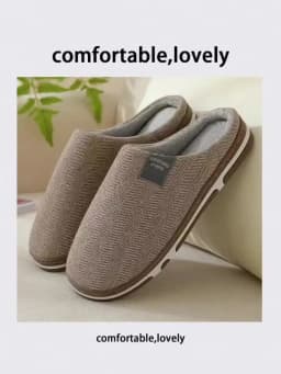 New Autumn Winter Men's Oversized Wide Fleece Striped Slippers, Simple Solid Color Thick Sole Warm Plush Home Indoor Slides