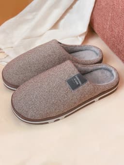 New Autumn Winter Men's Oversized Wide Fleece Striped Slippers, Simple Solid Color Thick Sole Warm Plush Home Indoor Slides