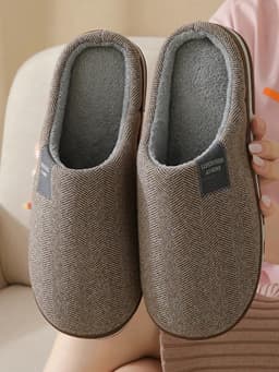 New Autumn Winter Men's Oversized Wide Fleece Striped Slippers, Simple Solid Color Thick Sole Warm Plush Home Indoor Slides