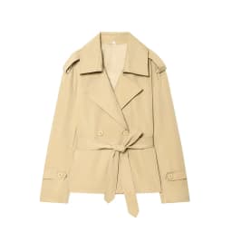 Nlzgmsj 2026 Spring French Style Women Cropped Trench Coat Double Breasted Belted Lapel Collar Long Sleeve Elegant Windbreaker