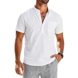 Summer Men's Short Sleeve Linen Shirts Lightweight T-shirts for Men Breathable Henley Shirt Casual Pocket Button Tee Beach Shirt