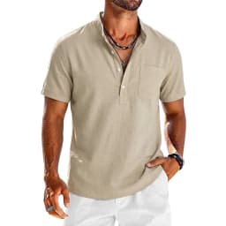 Summer Men's Short Sleeve Linen Shirts Lightweight T-shirts for Men Breathable Henley Shirt Casual Pocket Button Tee Beach Shirt