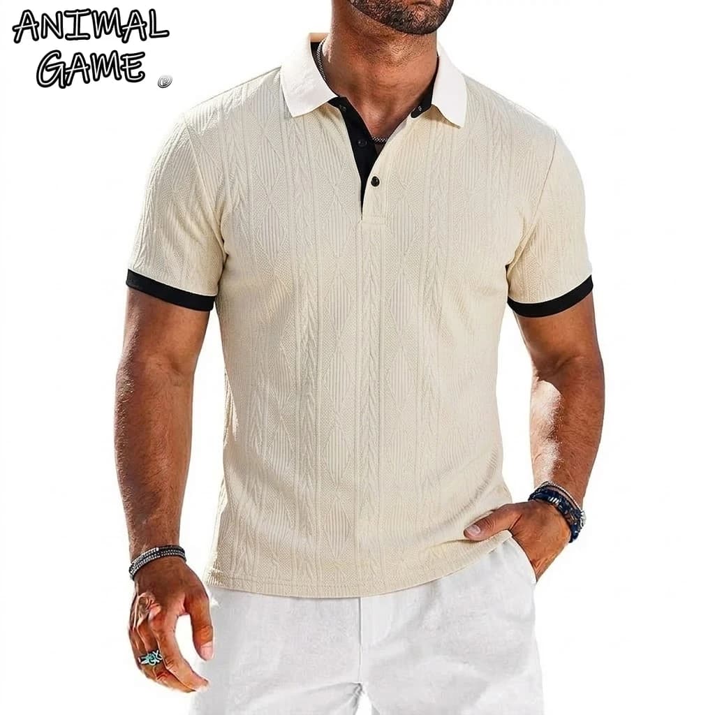 Mens Casual Knit Polo Shirts Stretchy Textured Short Sleeve Dress Golf Shirts Summer Beach Casual T-shirts Button Streetwear