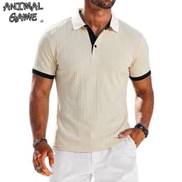 Mens Casual Knit Polo Shirts Stretchy Textured Short Sleeve Dress Golf Shirts Summer Beach Casual T-shirts Button Streetwear
