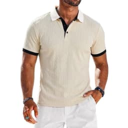 Mens Casual Knit Polo Shirts Stretchy Textured Short Sleeve Dress Golf Shirts Summer Beach Casual T-shirts Button Streetwear