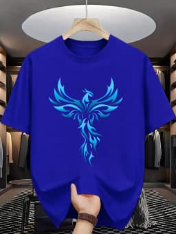 Men's Summer 100% Cotton Casual Loose Blue Phoenix Pattern Printed Comfortable Sports Round Neck Short Sleeve T-shirt Top