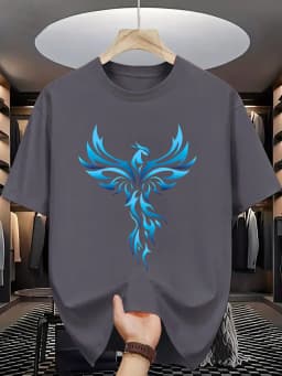 Men's Summer 100% Cotton Casual Loose Blue Phoenix Pattern Printed Comfortable Sports Round Neck Short Sleeve T-shirt Top