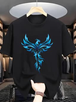 Men's Summer 100% Cotton Casual Loose Blue Phoenix Pattern Printed Comfortable Sports Round Neck Short Sleeve T-shirt Top