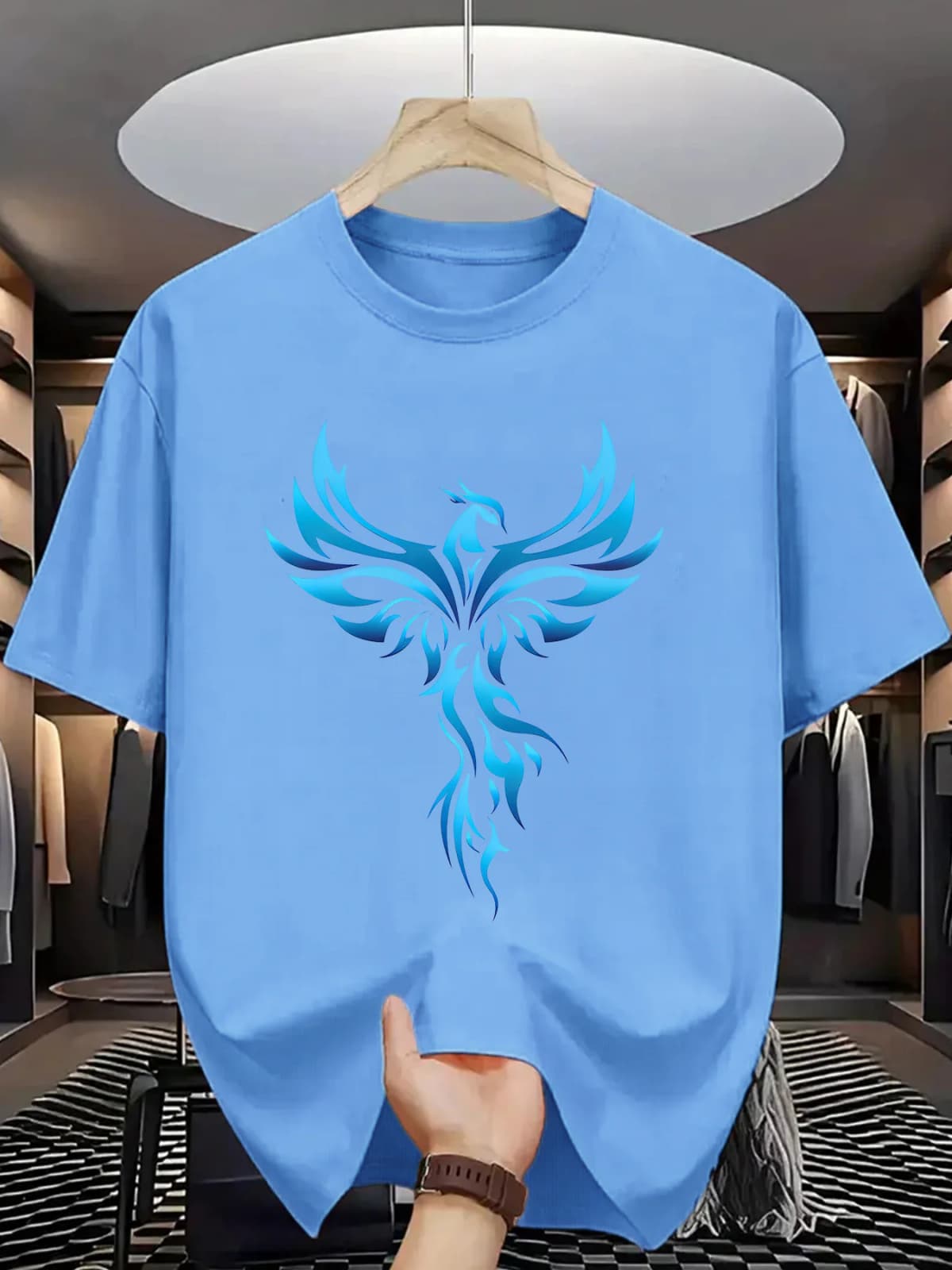 Men's Summer 100% Cotton Casual Loose Blue Phoenix Pattern Printed Comfortable Sports Round Neck Short Sleeve T-shirt Top