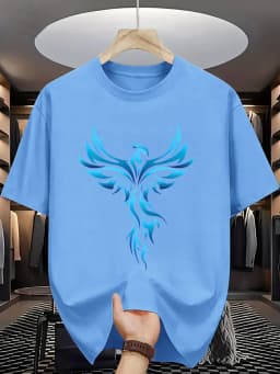 Men's Summer 100% Cotton Casual Loose Blue Phoenix Pattern Printed Comfortable Sports Round Neck Short Sleeve T-shirt Top