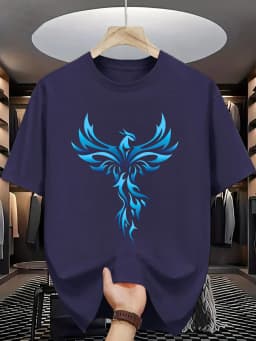 Men's Summer 100% Cotton Casual Loose Blue Phoenix Pattern Printed Comfortable Sports Round Neck Short Sleeve T-shirt Top