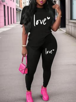 Spring and Summer Casual Two-Piece Set, Expressing Love, Round Neck Short Sleeved T-Shirt and Pants Set, Women's Clothing