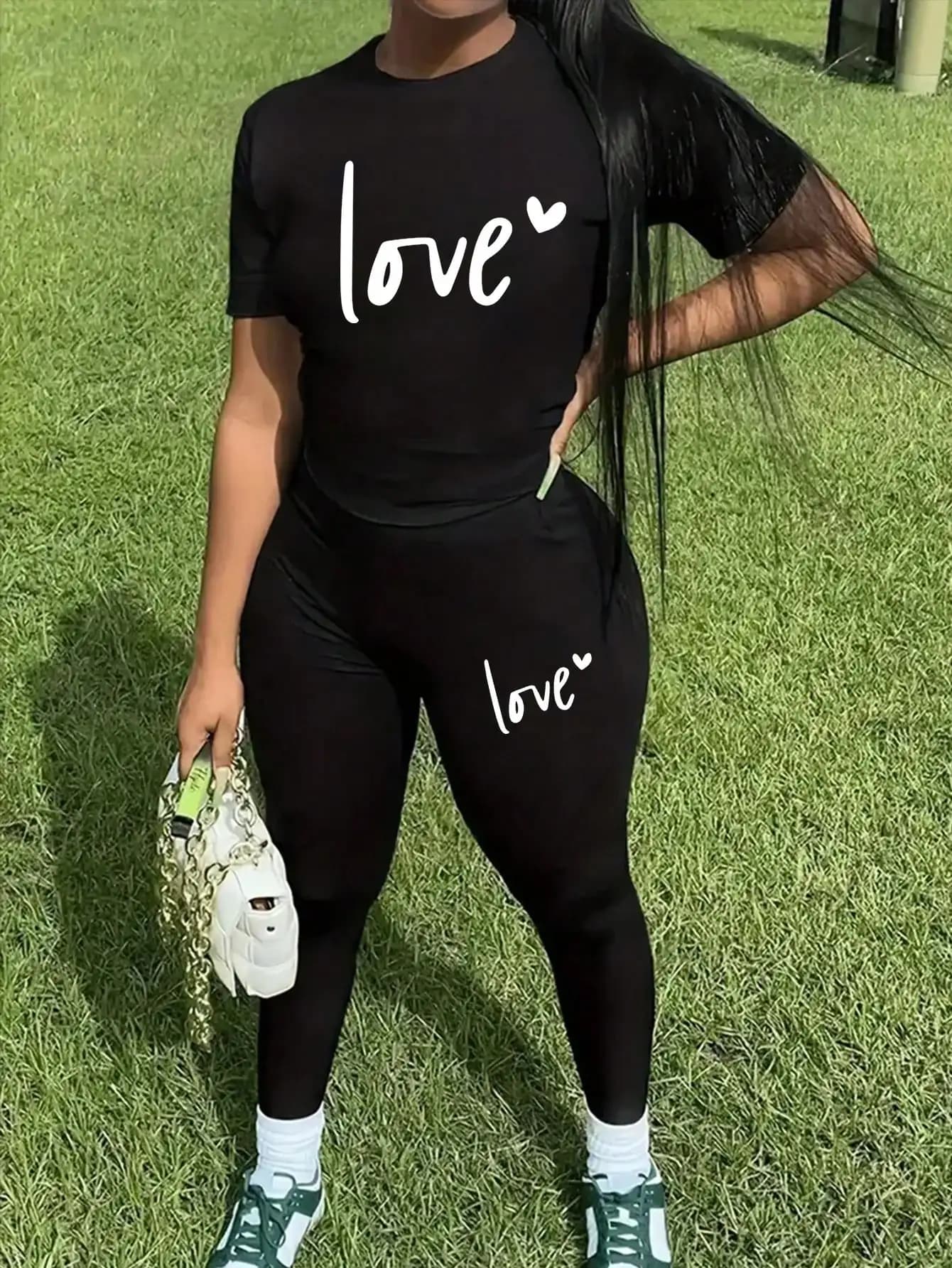 Spring and Summer Casual Two-Piece Set, Expressing Love, Round Neck Short Sleeved T-Shirt and Pants Set, Women's Clothing