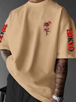 Men's Gothic Japanese Red Spider Lily Graphic T-Shirt Streetwear Crew Neck Long Sleeve Polyester Tops with Butterfly Print S-2XL