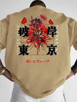 Men's Gothic Japanese Red Spider Lily Graphic T-Shirt Streetwear Crew Neck Long Sleeve Polyester Tops with Butterfly Print S-2XL