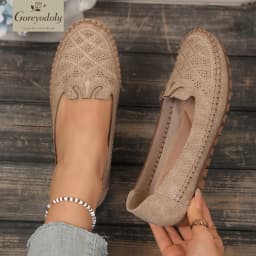 goreyodoly Women Slip On Loafers Wide Fit Comfortable Flats Lightweight Breathable Shoe Perforated Embroidery Print Leather Look