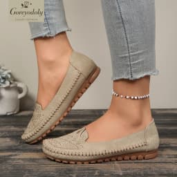 goreyodoly Women Slip On Loafers Wide Fit Comfortable Flats Lightweight Breathable Shoe Perforated Embroidery Print Leather Look