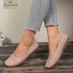 goreyodoly Women Slip On Loafers Wide Fit Comfortable Flats Lightweight Breathable Shoe Perforated Embroidery Print Leather Look