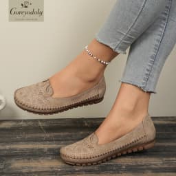 goreyodoly Women Slip On Loafers Wide Fit Comfortable Flats Lightweight Breathable Shoe Perforated Embroidery Print Leather Look