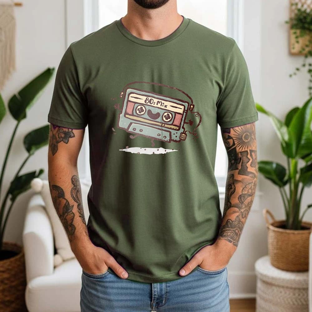 2026 New Summer Mens Casual Cotton Tee Soft Short Sleeve with 80s Mix Cassette Graphic Retro Music Style Daily Wear