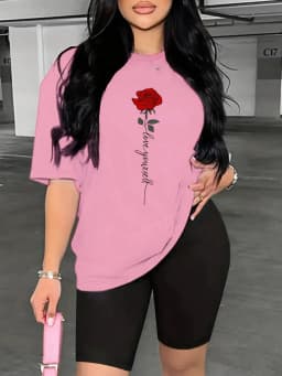 Rose Print Women's Sleeve Tops Tees Comfortable Casual Summer Fashion Summer Short Sleeved Harajuku Streetwear Tops Tees