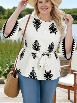 Plus Size Women's T-Shirt Round Neck 3/4 Sleeve Print Loose Fit Tops Boho Tee Spring Summer Casual T-Shirt Beach Light Tops