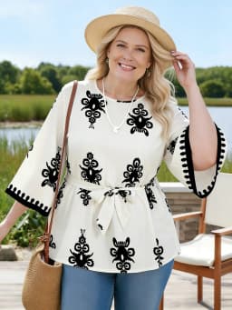 Plus Size Women's T-Shirt Round Neck 3/4 Sleeve Print Loose Fit Tops Boho Tee Spring Summer Casual T-Shirt Beach Light Tops