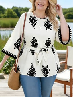 Plus Size Women's T-Shirt Round Neck 3/4 Sleeve Print Loose Fit Tops Boho Tee Spring Summer Casual T-Shirt Beach Light Tops