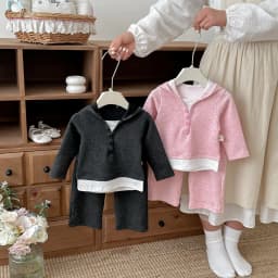 New Spring-Autumn Style Men's and Women's Baby-Sized Korean-Style Fake Two-Piece Hooded Base Shirt and Wide-Leg Pants Set