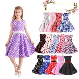 Vintage Retro Polka Dot Cotton Dresses for Kids Girls A-line Dresses Pleated Skirt Knee-Length Holiday Party Dress