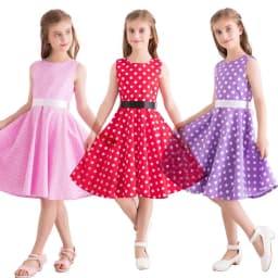 Vintage Retro Polka Dot Cotton Dresses for Kids Girls A-line Dresses Pleated Skirt Knee-Length Holiday Party Dress