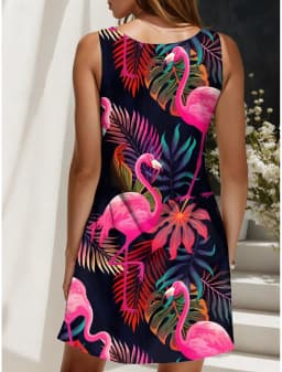 Women's Off Shoulder Sleeveless Crew Neck A-Line Dress,Bird Print,Magenta Pink Purple Orange, Casual Summer Beach Vacation Dress