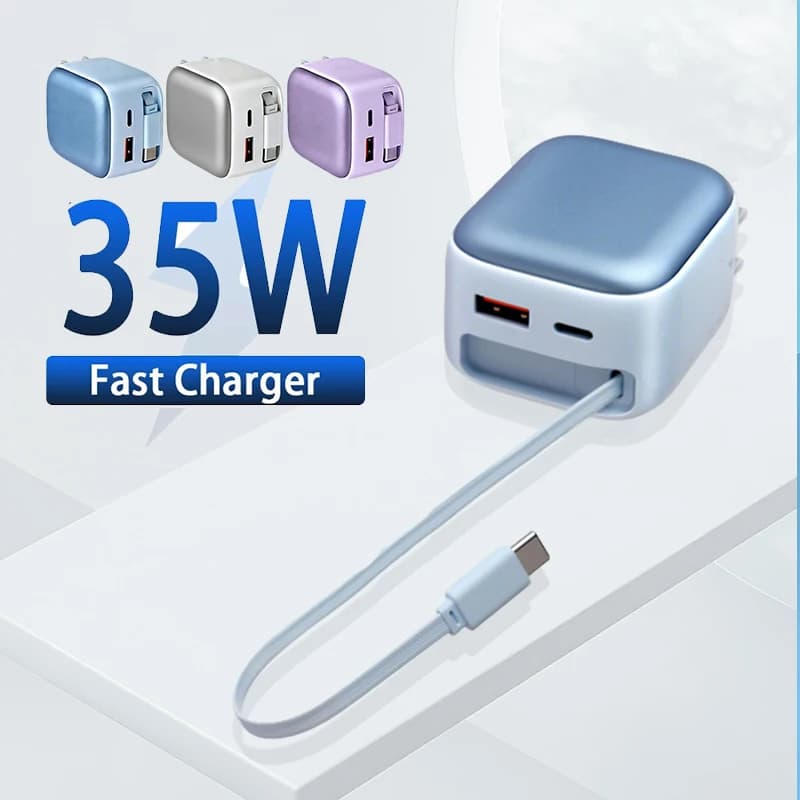 35W Fast Charger USB C With Retractable Type C Cable For iPhone 17 16 15 For Samsung PPs PD Quick Charger Adapter