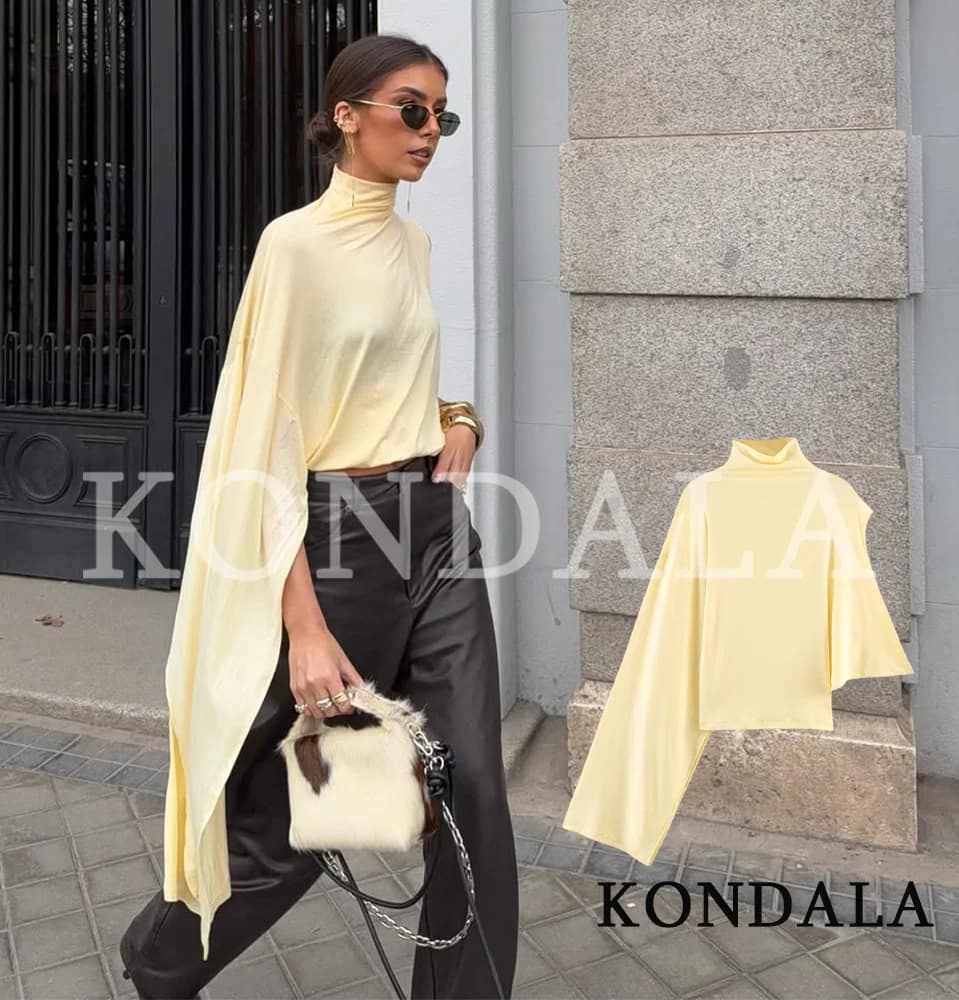KONDALA Elegant High Neck Asymmetrical Tops Women's High Street Yellow Tops New 2026 Summer Fashion Romantic Holidays Lady Tops