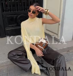 KONDALA Elegant High Neck Asymmetrical Tops Women's High Street Yellow Tops New 2026 Summer Fashion Romantic Holidays Lady Tops